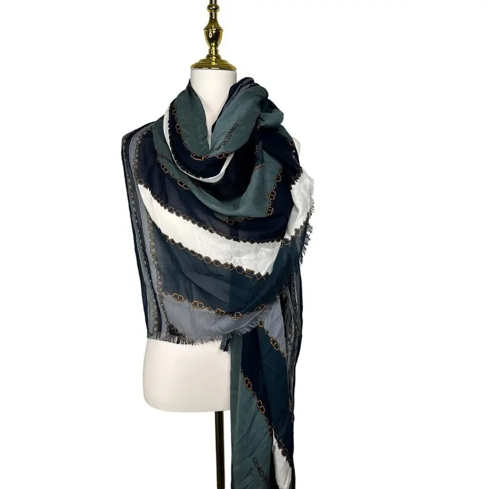 Oversized Navy Teal Chain Print Scarf Wrap Shawl Lightweight Fringe